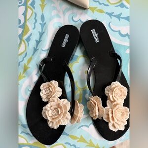 Melissa Black Sandals with Cream Floral Accents